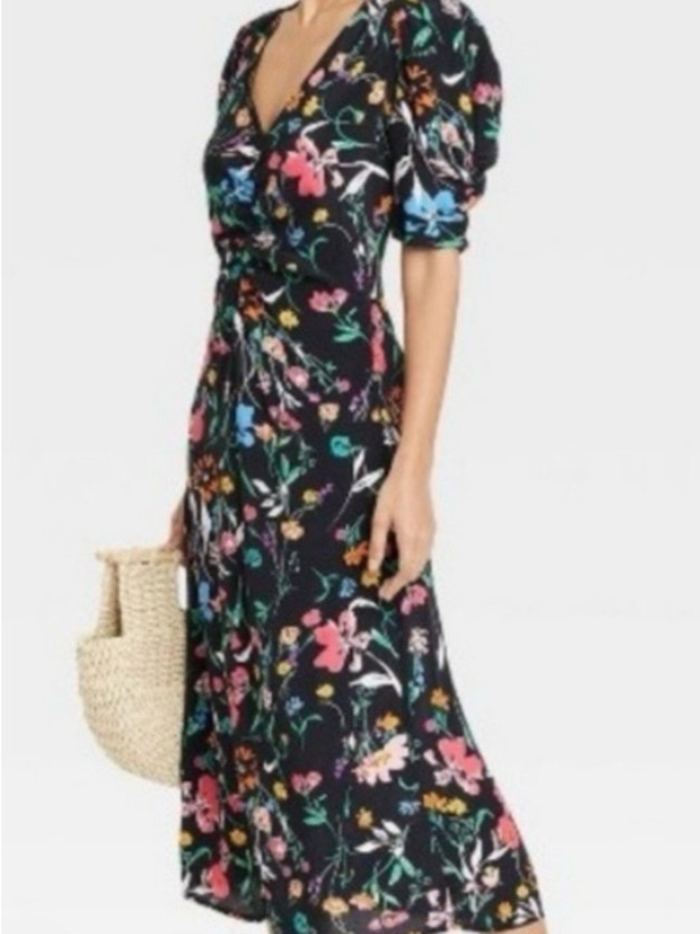 a new day Black Floral Midi Dress with Pink, Blue & Green Accents